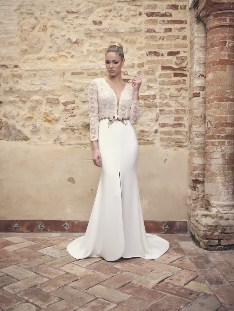 Wedding dress with lace body and belt