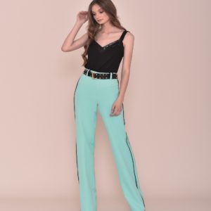 Conjunto pantalón fiesta turquesa con top y detalles negros verano
