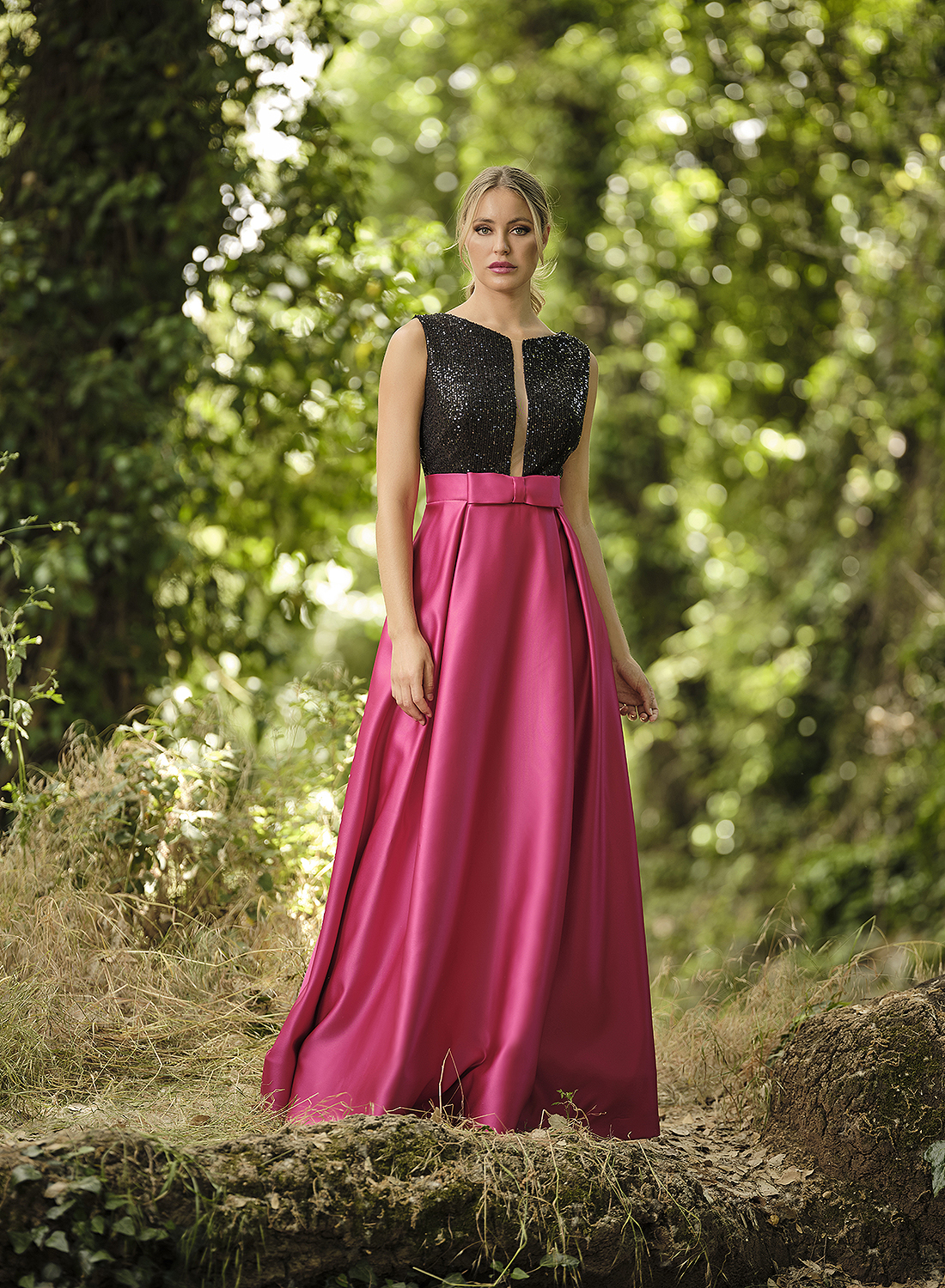 Nuribel | Vestido largo de fiesta combinado negro y rosa