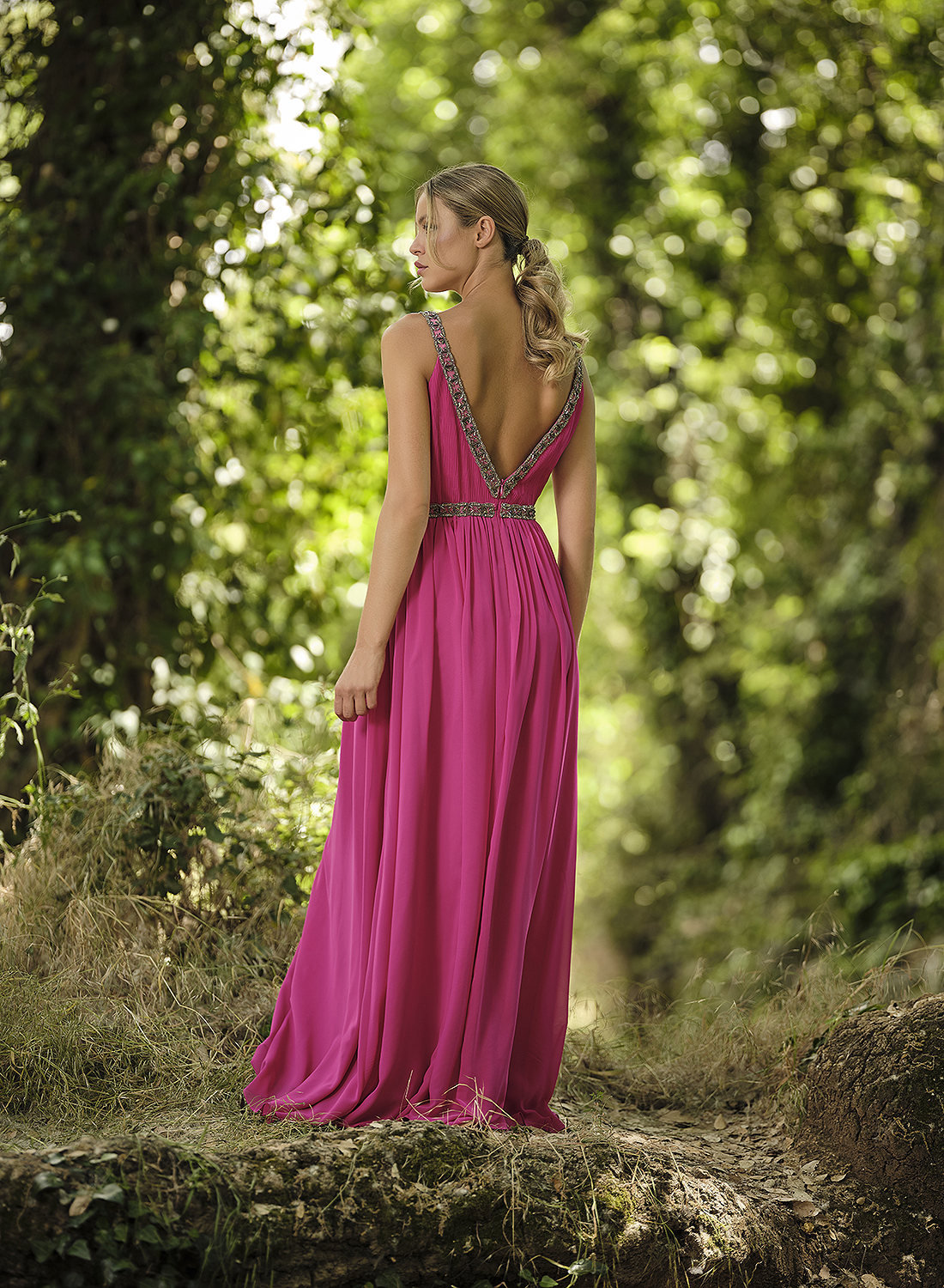 Nuribel | Vestido largo rosa de gasa estilo griego